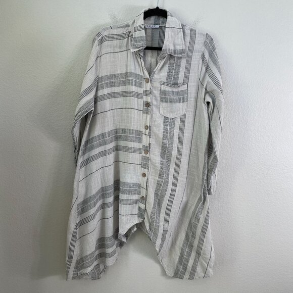Saga Womens OS Made In Italy 100% Linen Striped Long Shirt Tunic Top Button Back - Picture 8 of 12